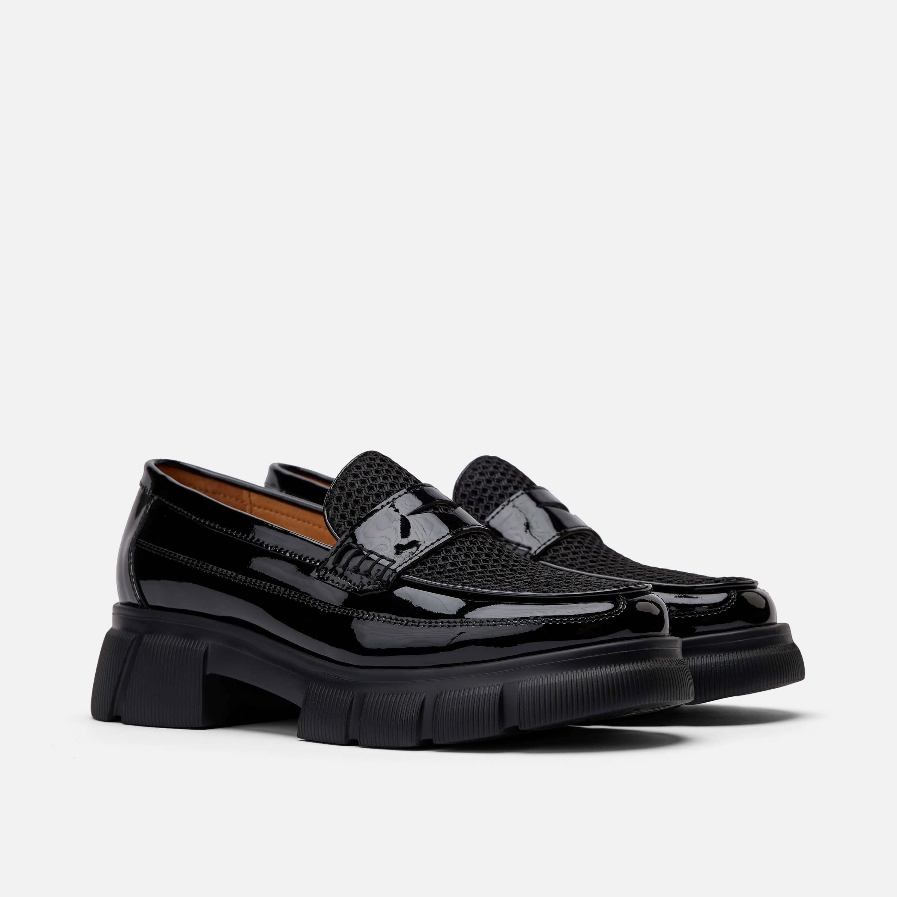 womens black patent leather lug penny loafers