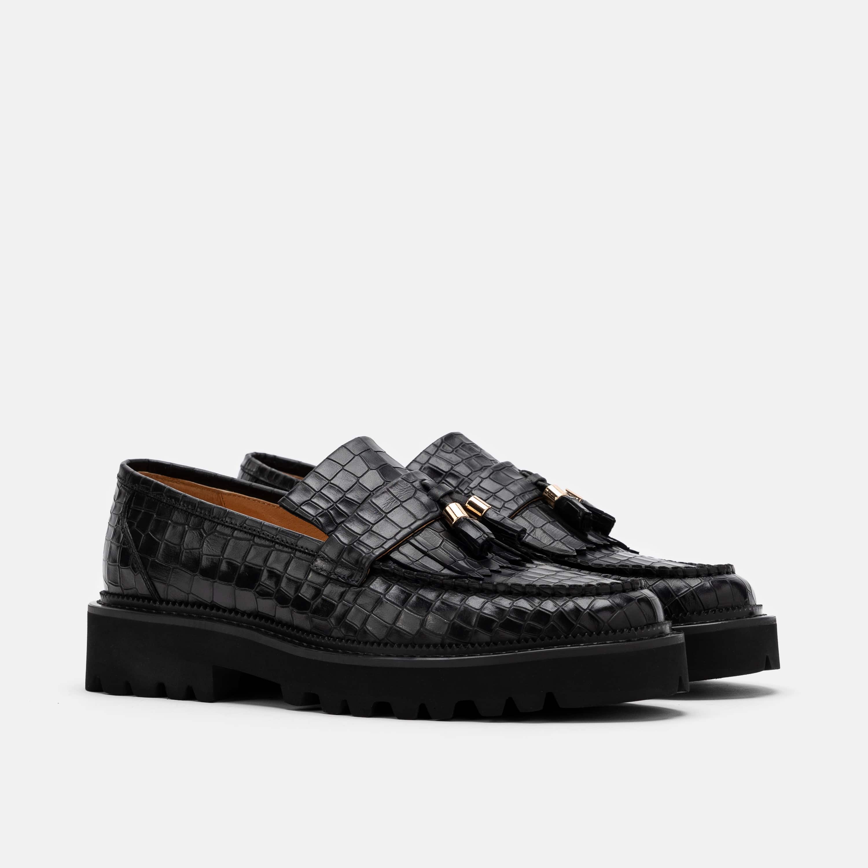 Journey Black Croc Leather Lug Tassel Loafer