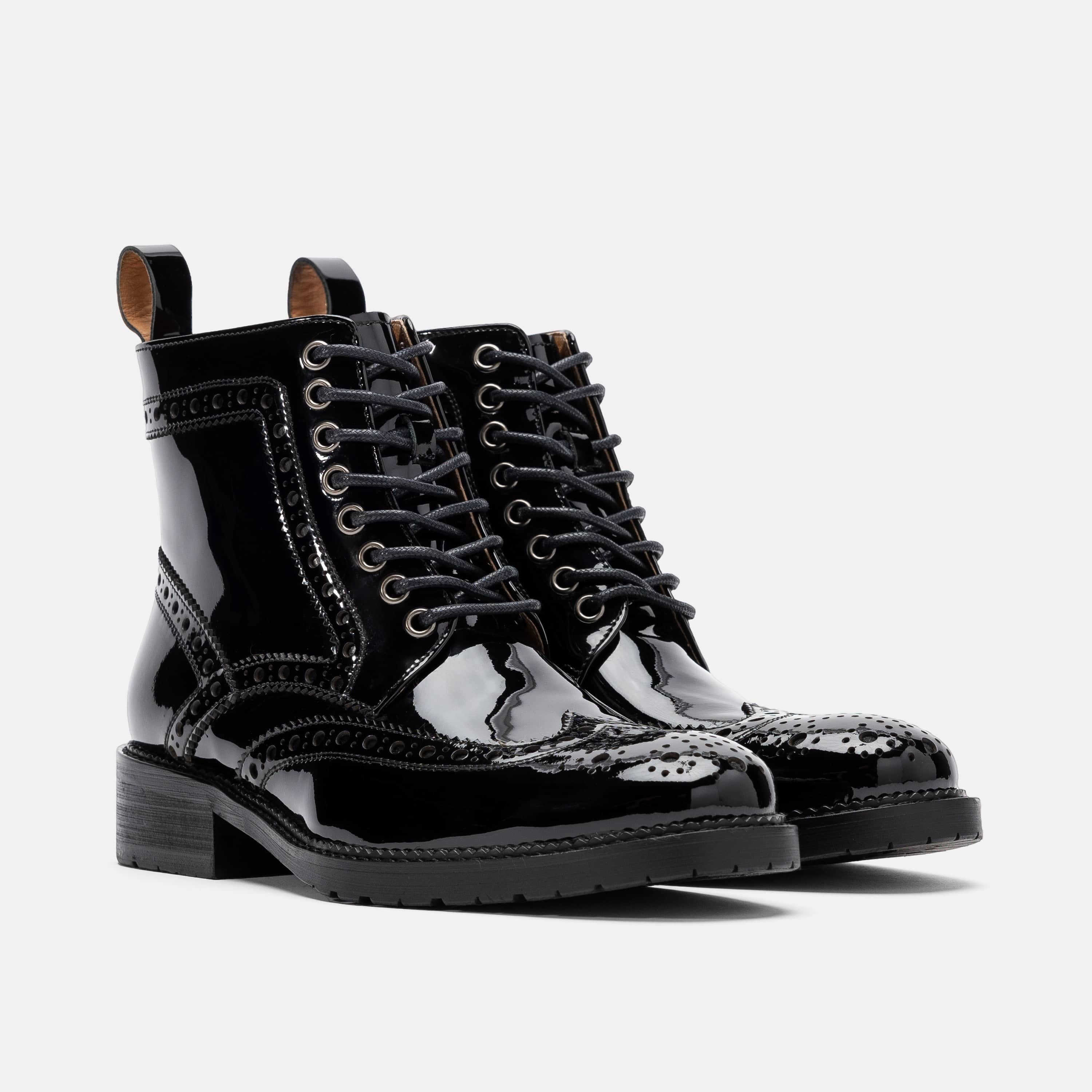 Ms. Belmont Black Patent Leather Wingtip Boots