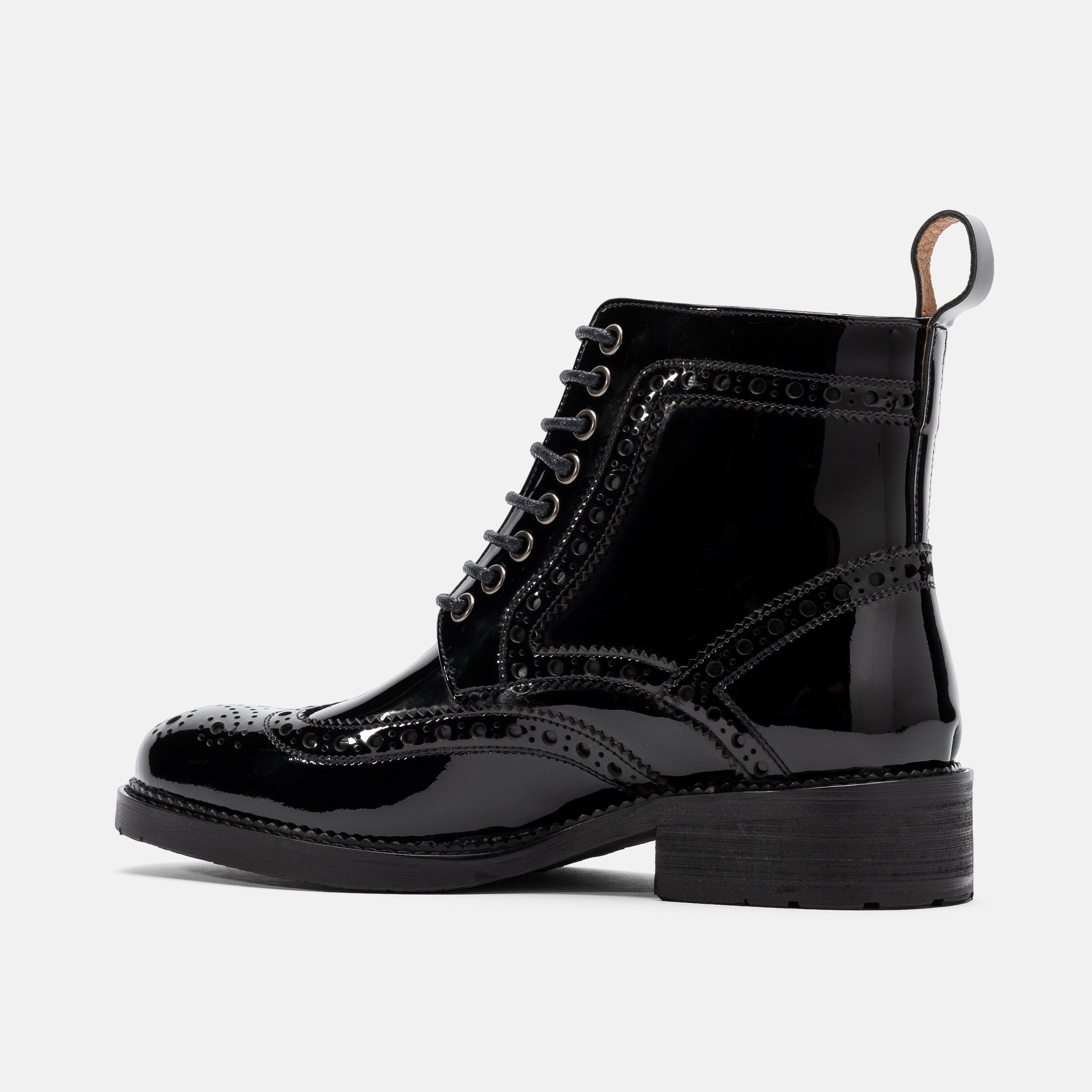 Ms. Belmont Black Patent Leather Wingtip Boots