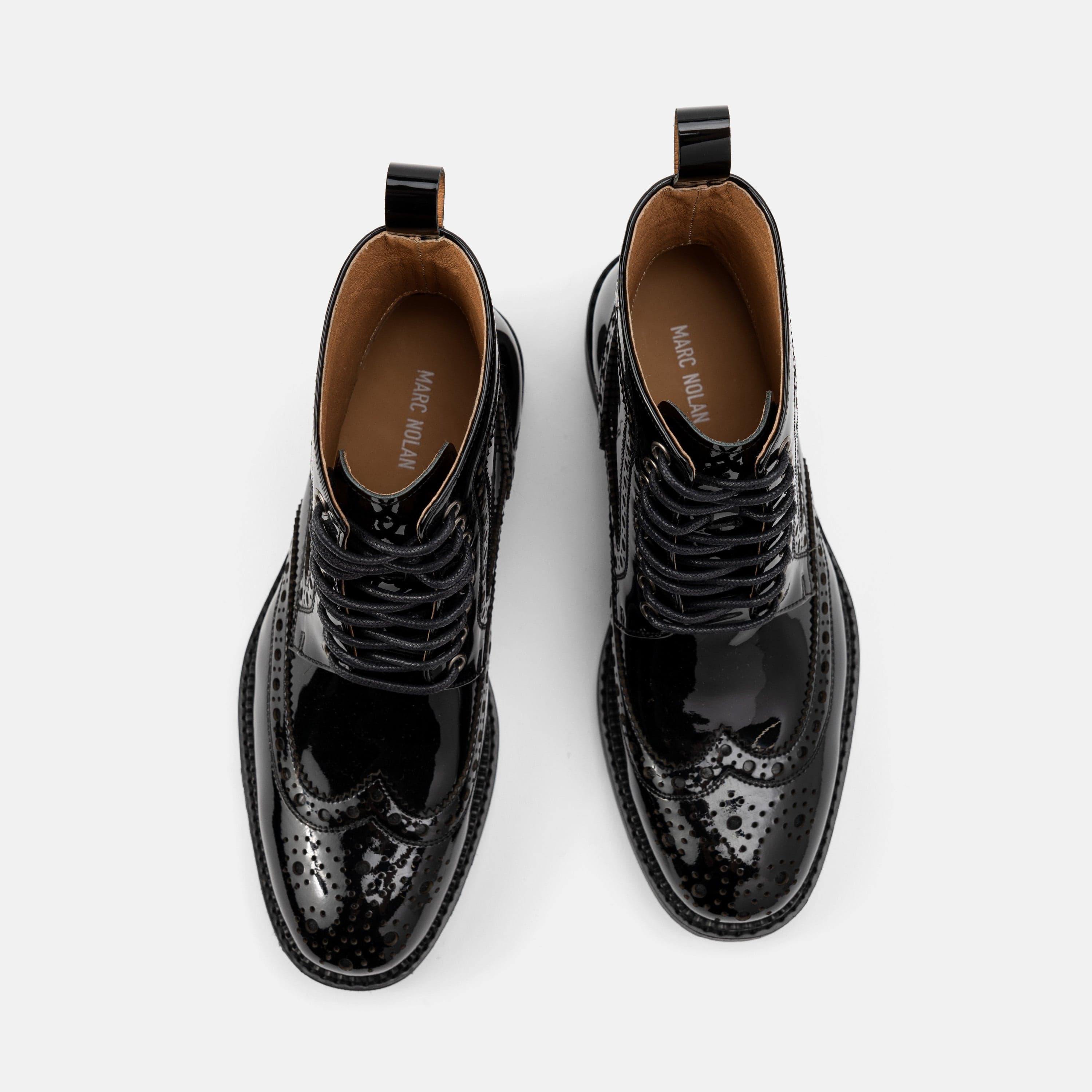 Ms. Belmont Black Patent Leather Wingtip Boots