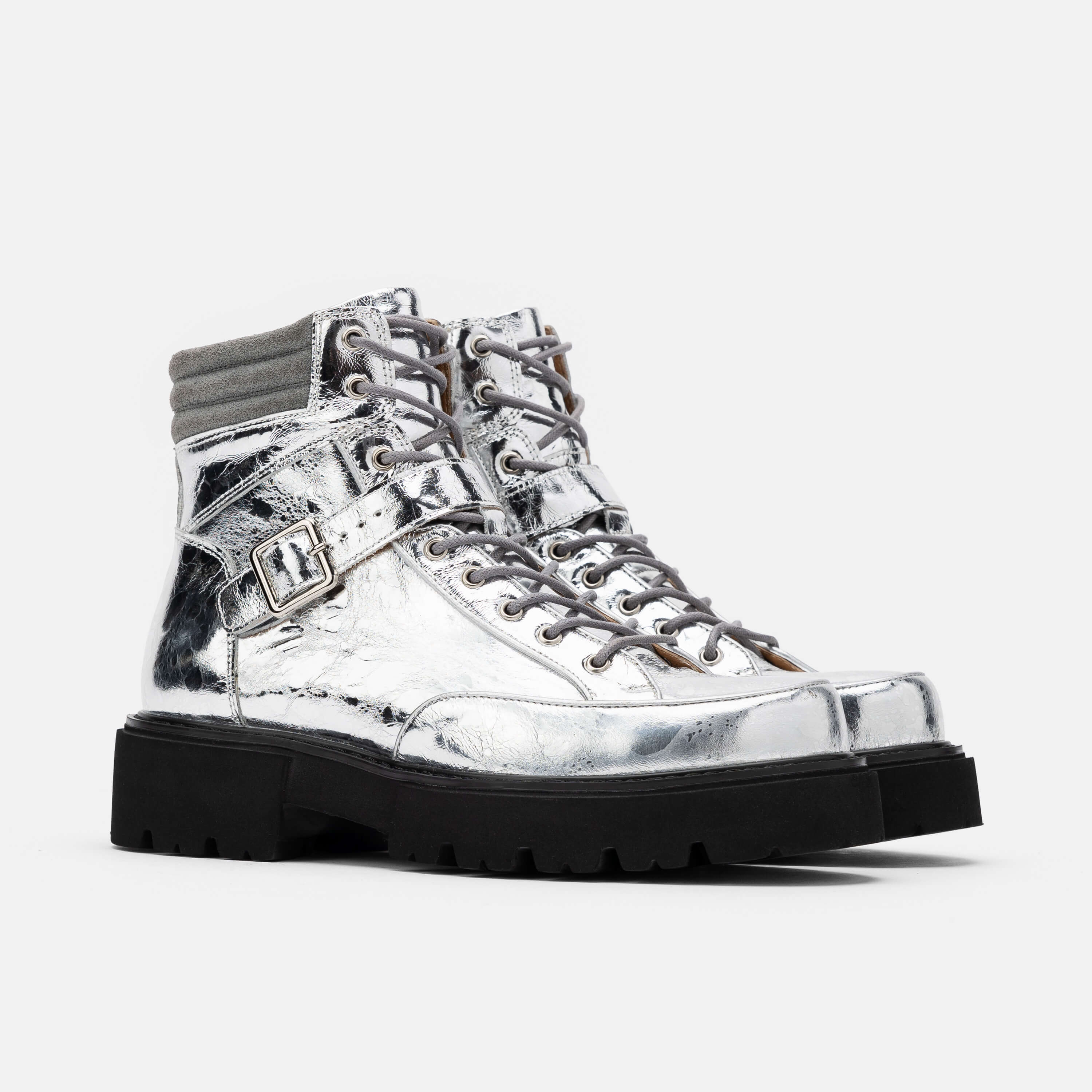 Ms. Atlas Chrome Patent Leather Strap Boots