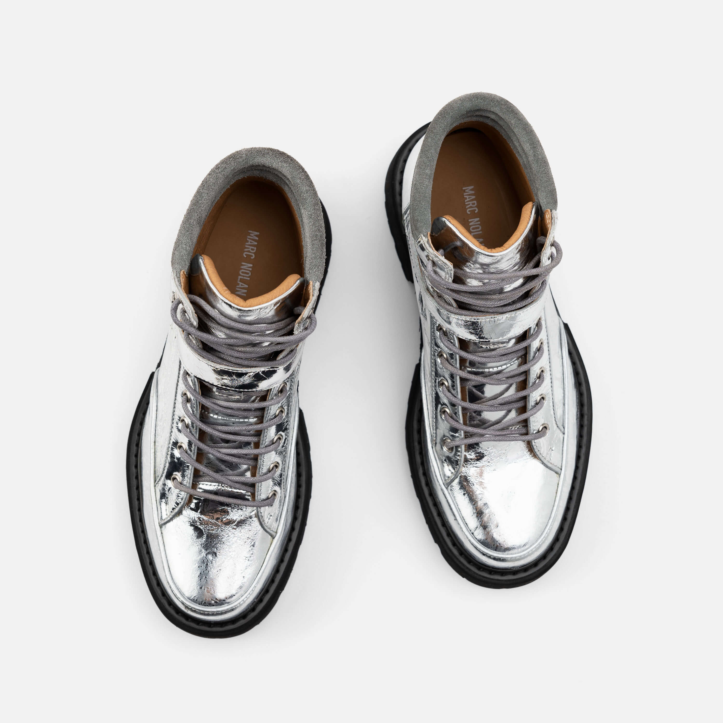 Ms. Atlas Chrome Patent Leather Strap Boots